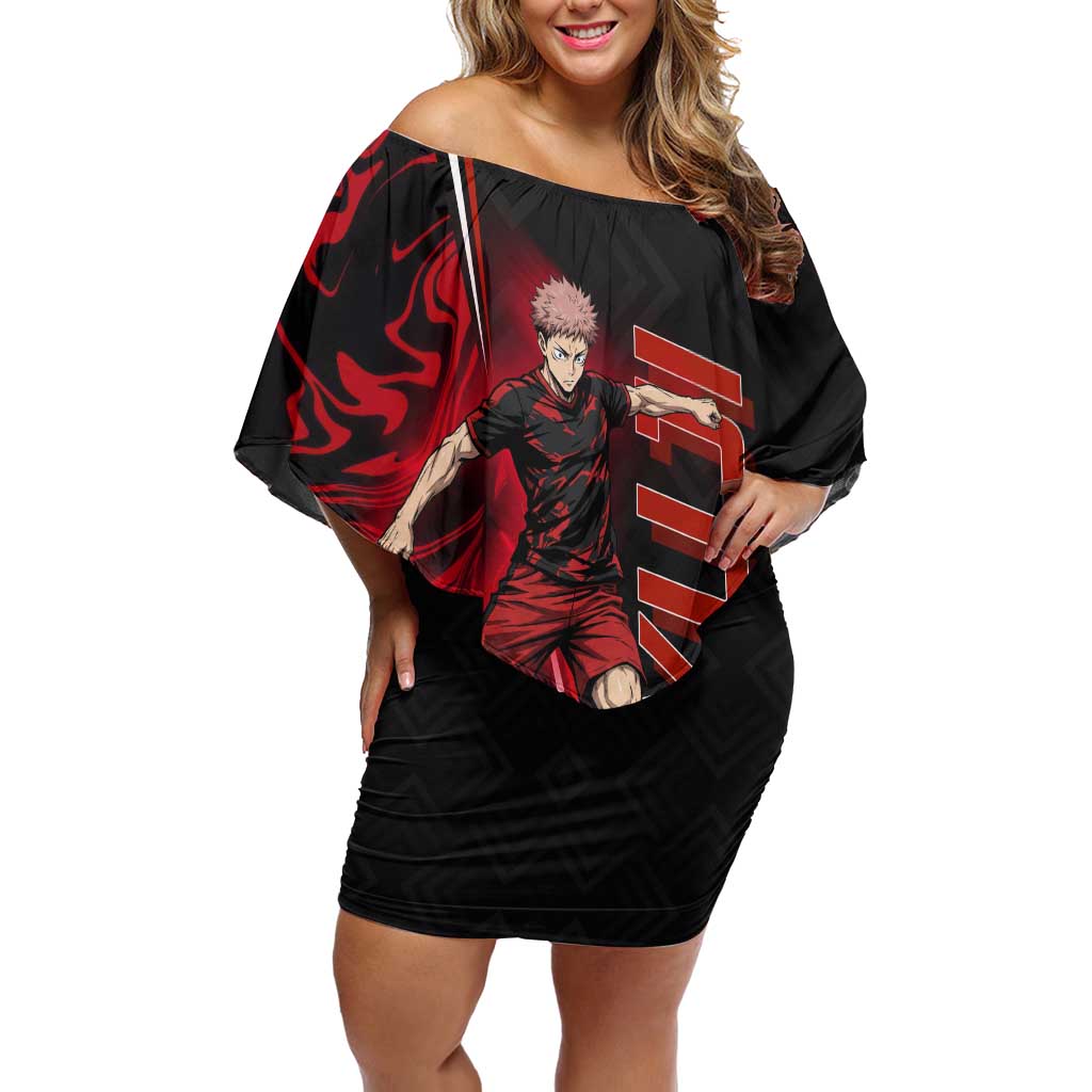 Personalized Yuji Itadori Jujutsu Kaisen Soccer Theme Off Shoulder Short Dress with Dynamic Kick Pose and Red Black Flame Graphic Design - The Mazicc