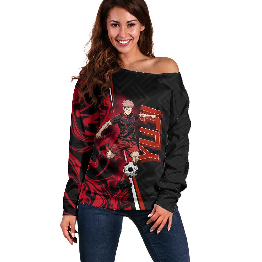 Personalized Yuji Itadori Jujutsu Kaisen Soccer Theme Off Shoulder Sweater with Dynamic Kick Pose and Red Black Flame Graphic Design - The Mazicc