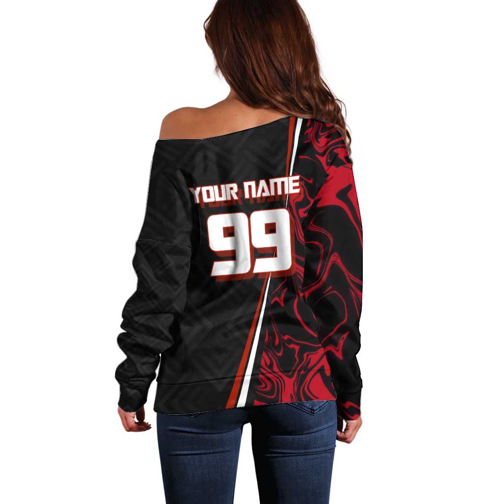 Personalized Yuji Itadori Jujutsu Kaisen Soccer Theme Off Shoulder Sweater with Dynamic Kick Pose and Red Black Flame Graphic Design - The Mazicc