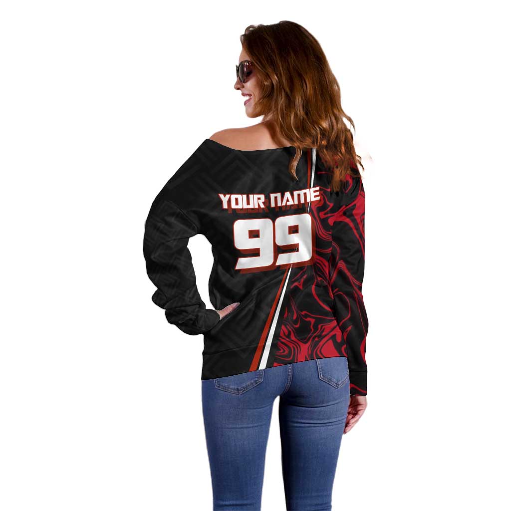 Personalized Yuji Itadori Jujutsu Kaisen Soccer Theme Off Shoulder Sweater with Dynamic Kick Pose and Red Black Flame Graphic Design - The Mazicc