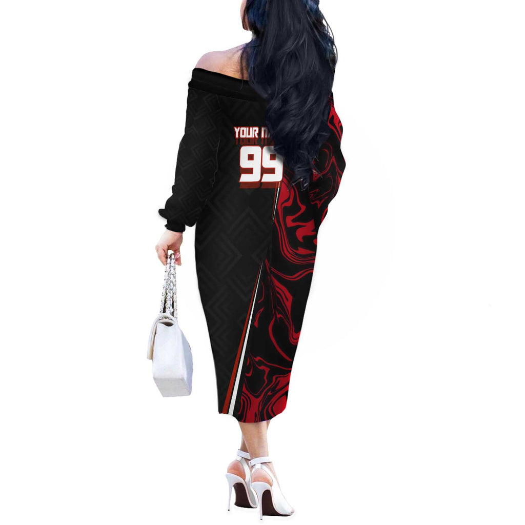 Personalized Yuji Itadori Jujutsu Kaisen Soccer Theme Off The Shoulder Long Sleeve Dress with Dynamic Kick Pose and Red Black Flame Graphic Design - The Mazicc