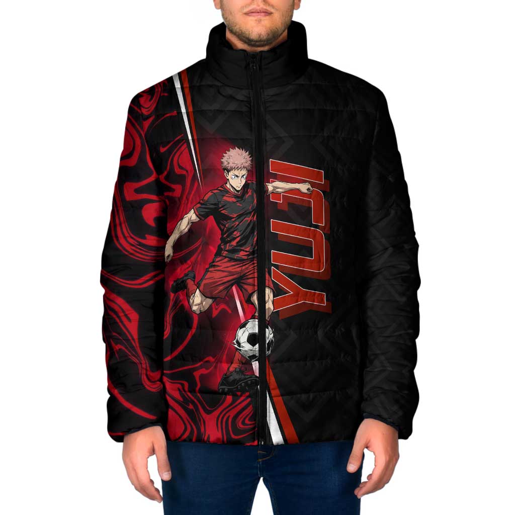 Personalized Yuji Itadori Jujutsu Kaisen Soccer Theme Padded Jacket with Dynamic Kick Pose and Red Black Flame Graphic Design - The Mazicc