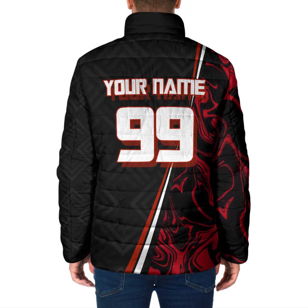 Personalized Yuji Itadori Jujutsu Kaisen Soccer Theme Padded Jacket with Dynamic Kick Pose and Red Black Flame Graphic Design - The Mazicc