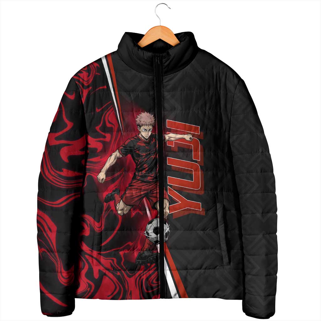Personalized Yuji Itadori Jujutsu Kaisen Soccer Theme Padded Jacket with Dynamic Kick Pose and Red Black Flame Graphic Design - The Mazicc
