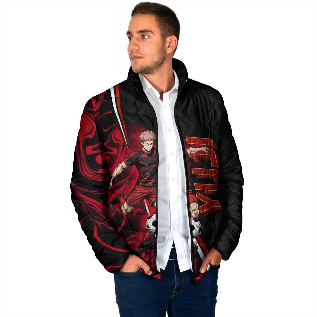 Personalized Yuji Itadori Jujutsu Kaisen Soccer Theme Padded Jacket with Dynamic Kick Pose and Red Black Flame Graphic Design - The Mazicc