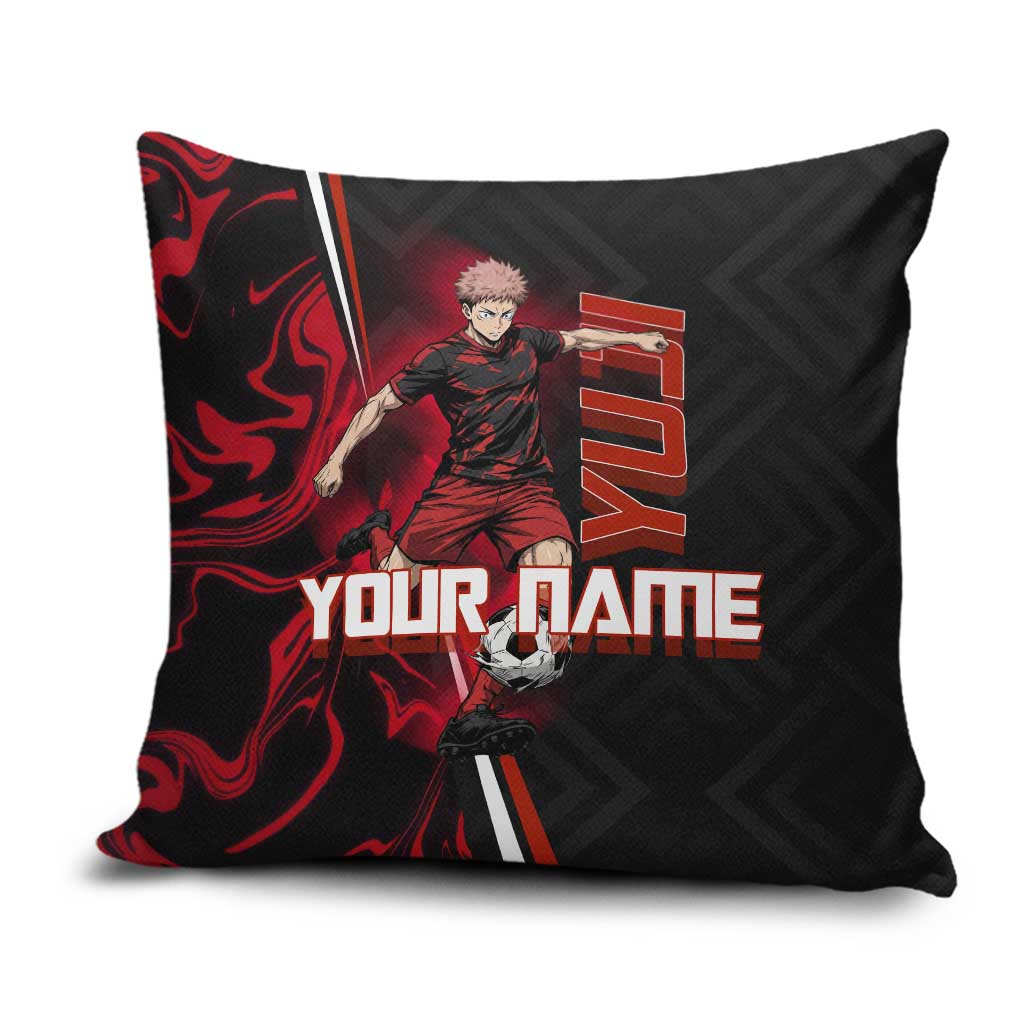 Personalized Yuji Itadori Jujutsu Kaisen Soccer Theme Pillow Cover with Dynamic Kick Pose and Red Black Flame Graphic Design - The Mazicc