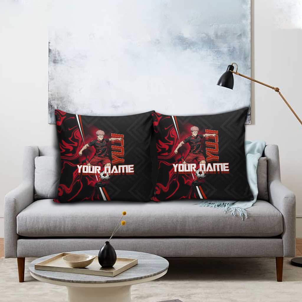Personalized Yuji Itadori Jujutsu Kaisen Soccer Theme Pillow Cover with Dynamic Kick Pose and Red Black Flame Graphic Design - The Mazicc
