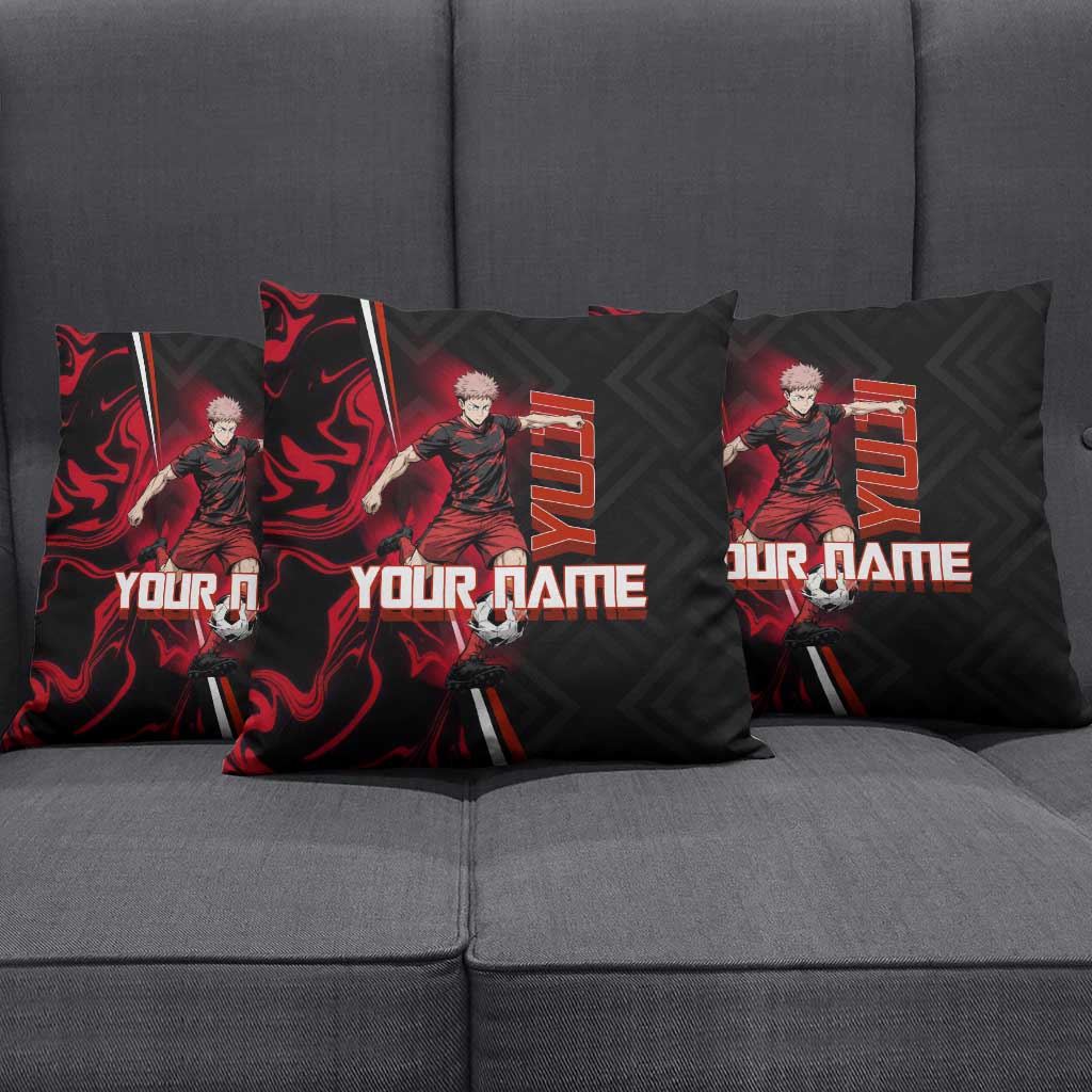 Personalized Yuji Itadori Jujutsu Kaisen Soccer Theme Pillow Cover with Dynamic Kick Pose and Red Black Flame Graphic Design - The Mazicc