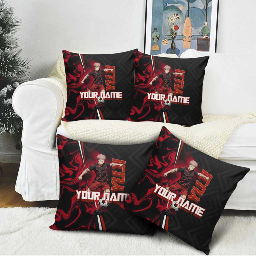 Personalized Yuji Itadori Jujutsu Kaisen Soccer Theme Pillow Cover with Dynamic Kick Pose and Red Black Flame Graphic Design - The Mazicc