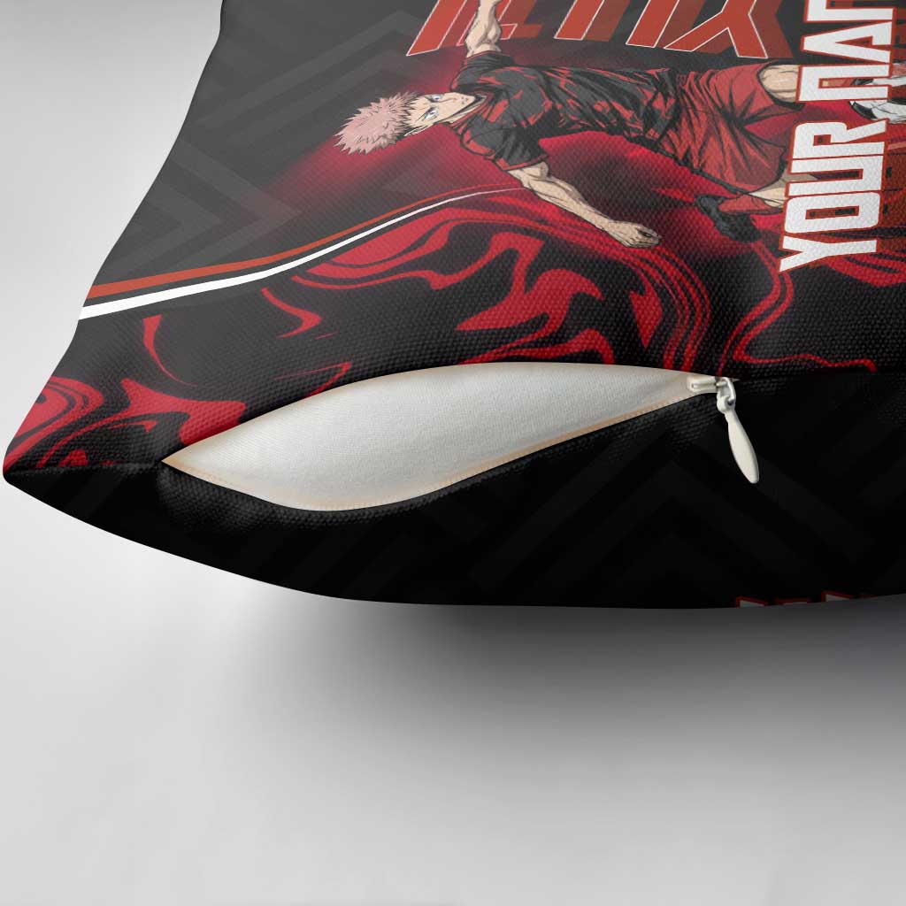 Personalized Yuji Itadori Jujutsu Kaisen Soccer Theme Pillow Cover with Dynamic Kick Pose and Red Black Flame Graphic Design - The Mazicc