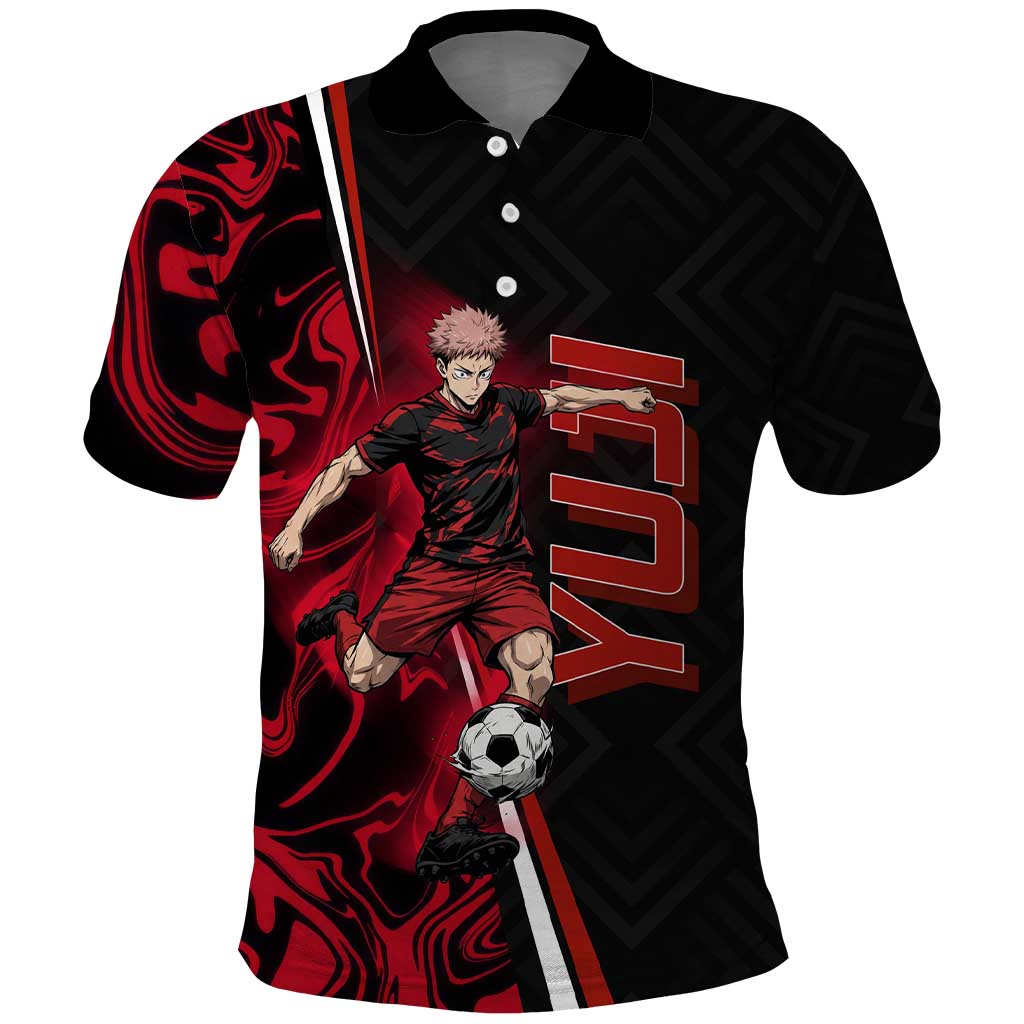 Personalized Yuji Itadori Jujutsu Kaisen Soccer Theme Polo Shirt with Dynamic Kick Pose and Red Black Flame Graphic Design - The Mazicc