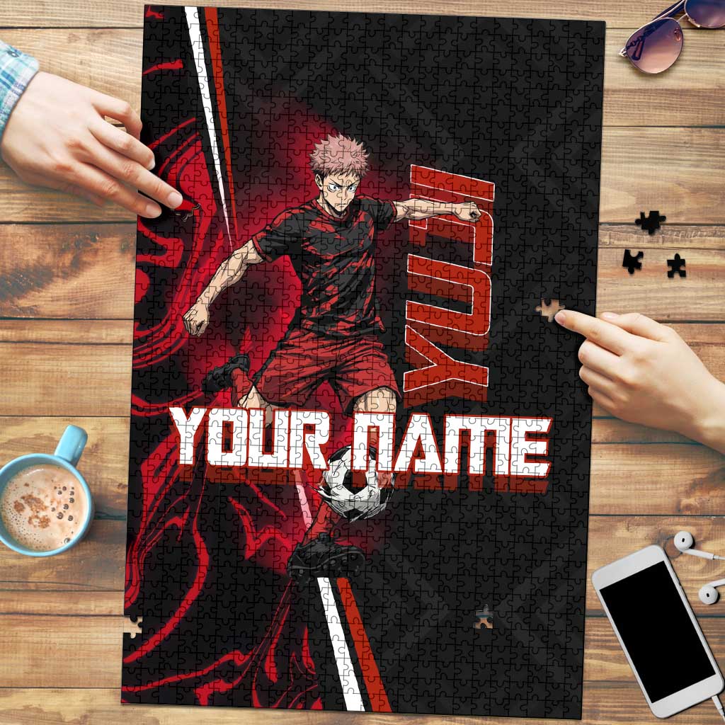 Personalized Yuji Itadori Jujutsu Kaisen Soccer Theme Puzzle with Dynamic Kick Pose and Red Black Flame Graphic Design - The Mazicc