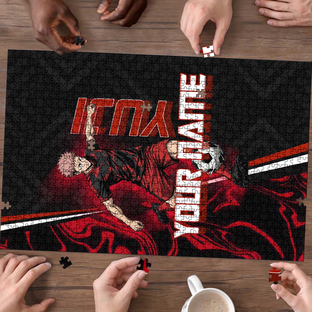 Personalized Yuji Itadori Jujutsu Kaisen Soccer Theme Puzzle with Dynamic Kick Pose and Red Black Flame Graphic Design - The Mazicc