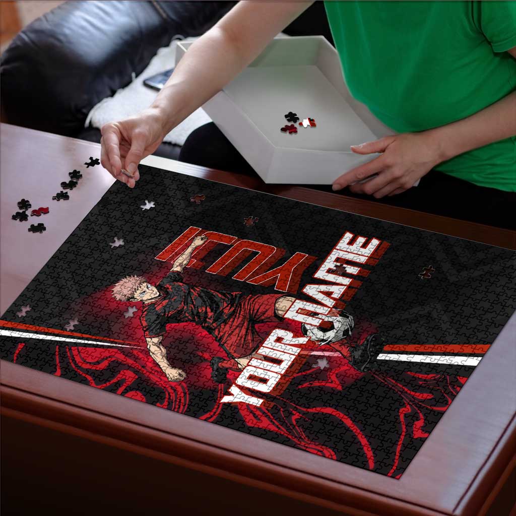 Personalized Yuji Itadori Jujutsu Kaisen Soccer Theme Puzzle with Dynamic Kick Pose and Red Black Flame Graphic Design - The Mazicc