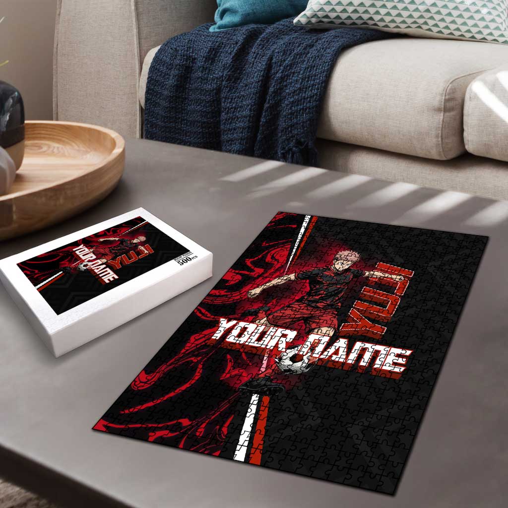 Personalized Yuji Itadori Jujutsu Kaisen Soccer Theme Puzzle with Dynamic Kick Pose and Red Black Flame Graphic Design - The Mazicc