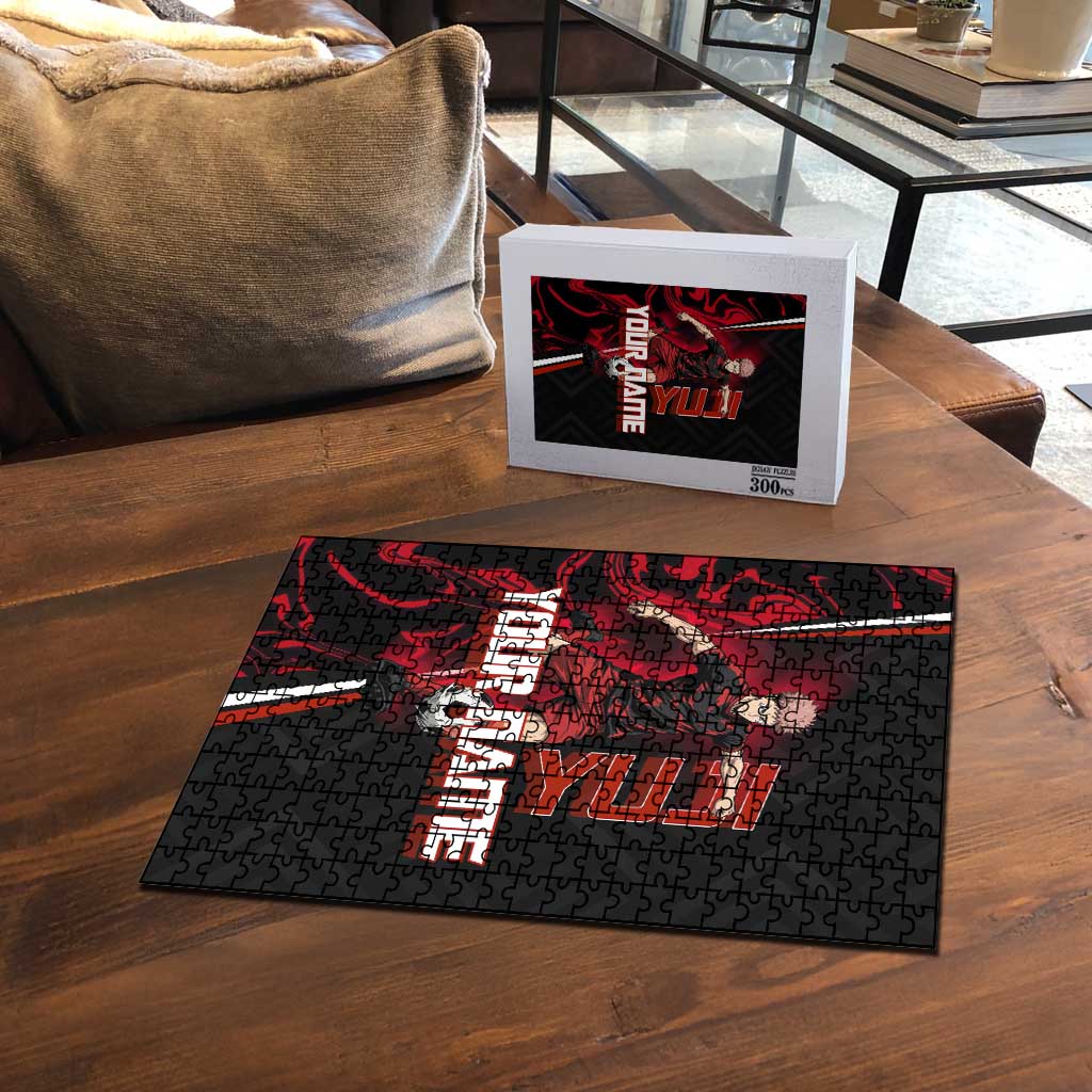 Personalized Yuji Itadori Jujutsu Kaisen Soccer Theme Puzzle with Dynamic Kick Pose and Red Black Flame Graphic Design - The Mazicc