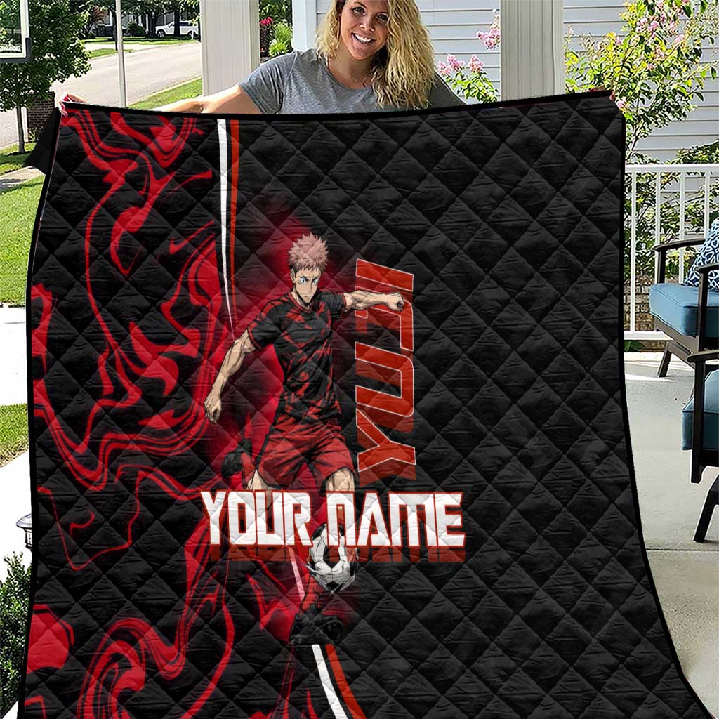 Personalized Yuji Itadori Jujutsu Kaisen Soccer Theme Quilt with Dynamic Kick Pose and Red Black Flame Graphic Design - The Mazicc
