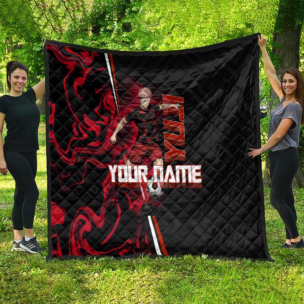 Personalized Yuji Itadori Jujutsu Kaisen Soccer Theme Quilt with Dynamic Kick Pose and Red Black Flame Graphic Design - The Mazicc