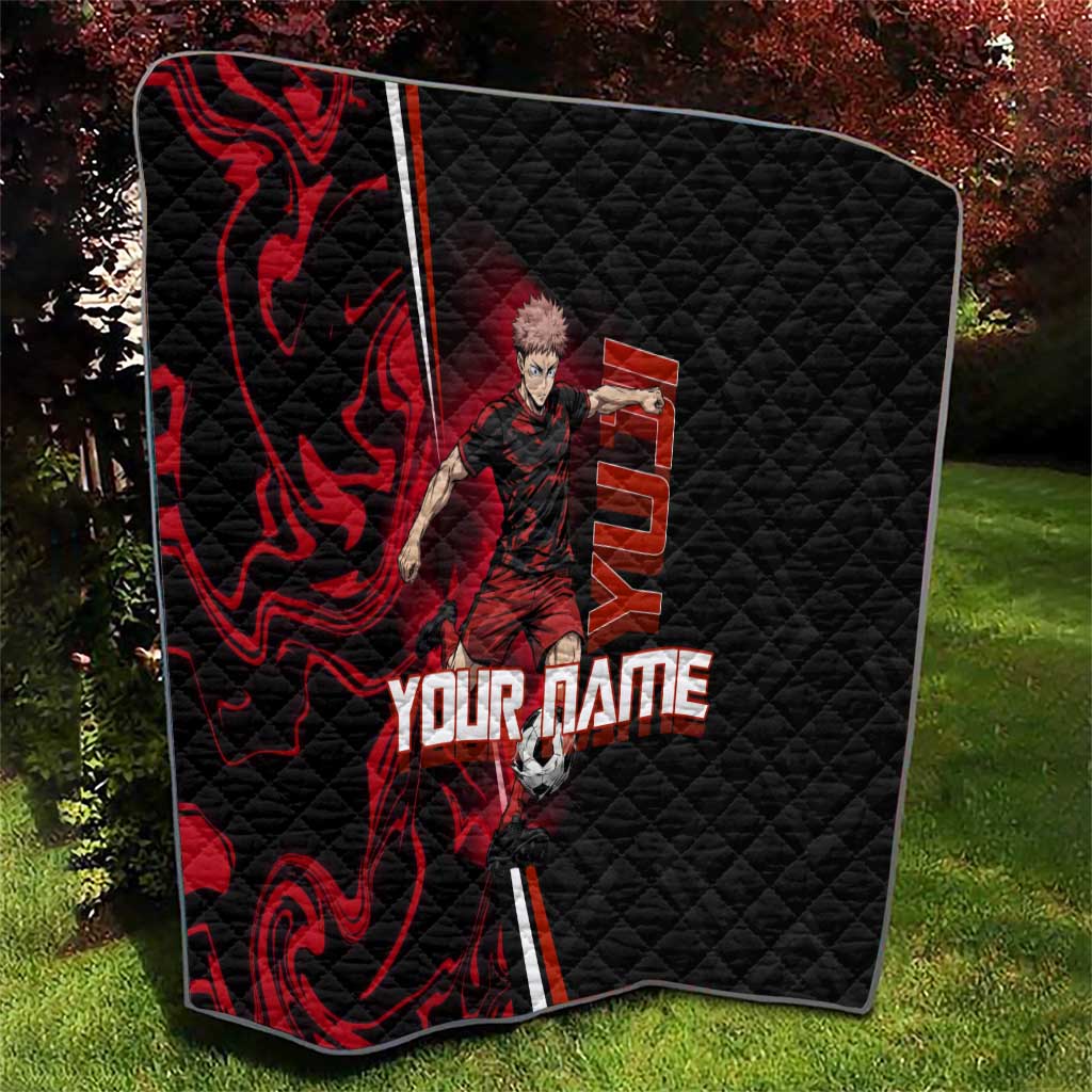 Personalized Yuji Itadori Jujutsu Kaisen Soccer Theme Quilt with Dynamic Kick Pose and Red Black Flame Graphic Design - The Mazicc