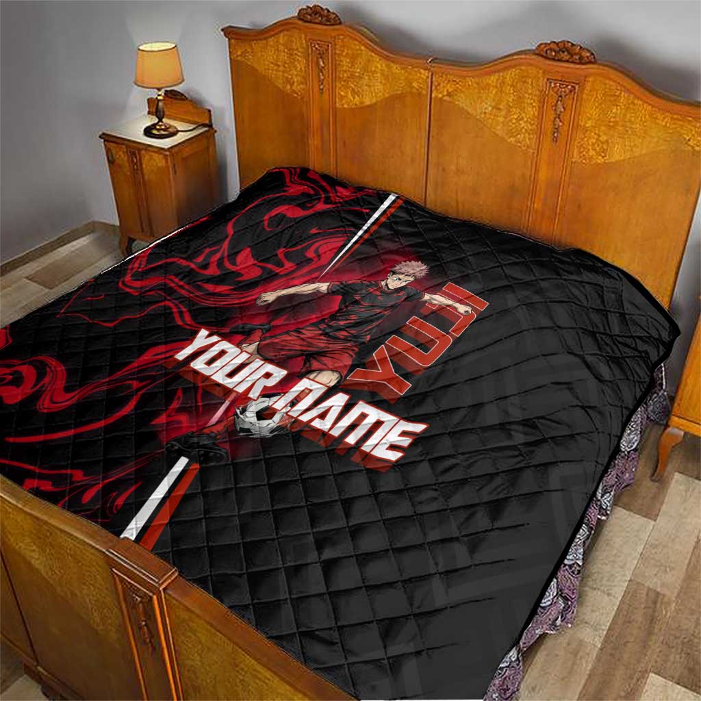 Personalized Yuji Itadori Jujutsu Kaisen Soccer Theme Quilt with Dynamic Kick Pose and Red Black Flame Graphic Design - The Mazicc