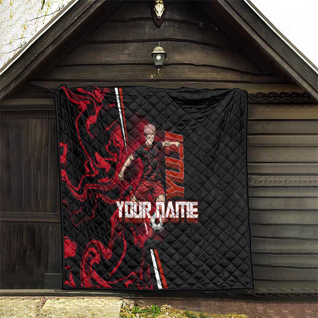 Personalized Yuji Itadori Jujutsu Kaisen Soccer Theme Quilt with Dynamic Kick Pose and Red Black Flame Graphic Design - The Mazicc