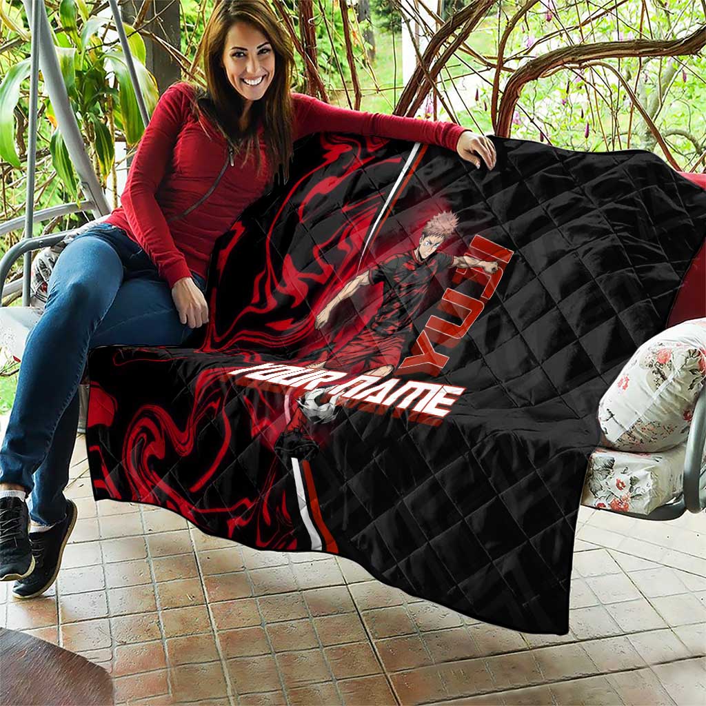 Personalized Yuji Itadori Jujutsu Kaisen Soccer Theme Quilt with Dynamic Kick Pose and Red Black Flame Graphic Design - The Mazicc