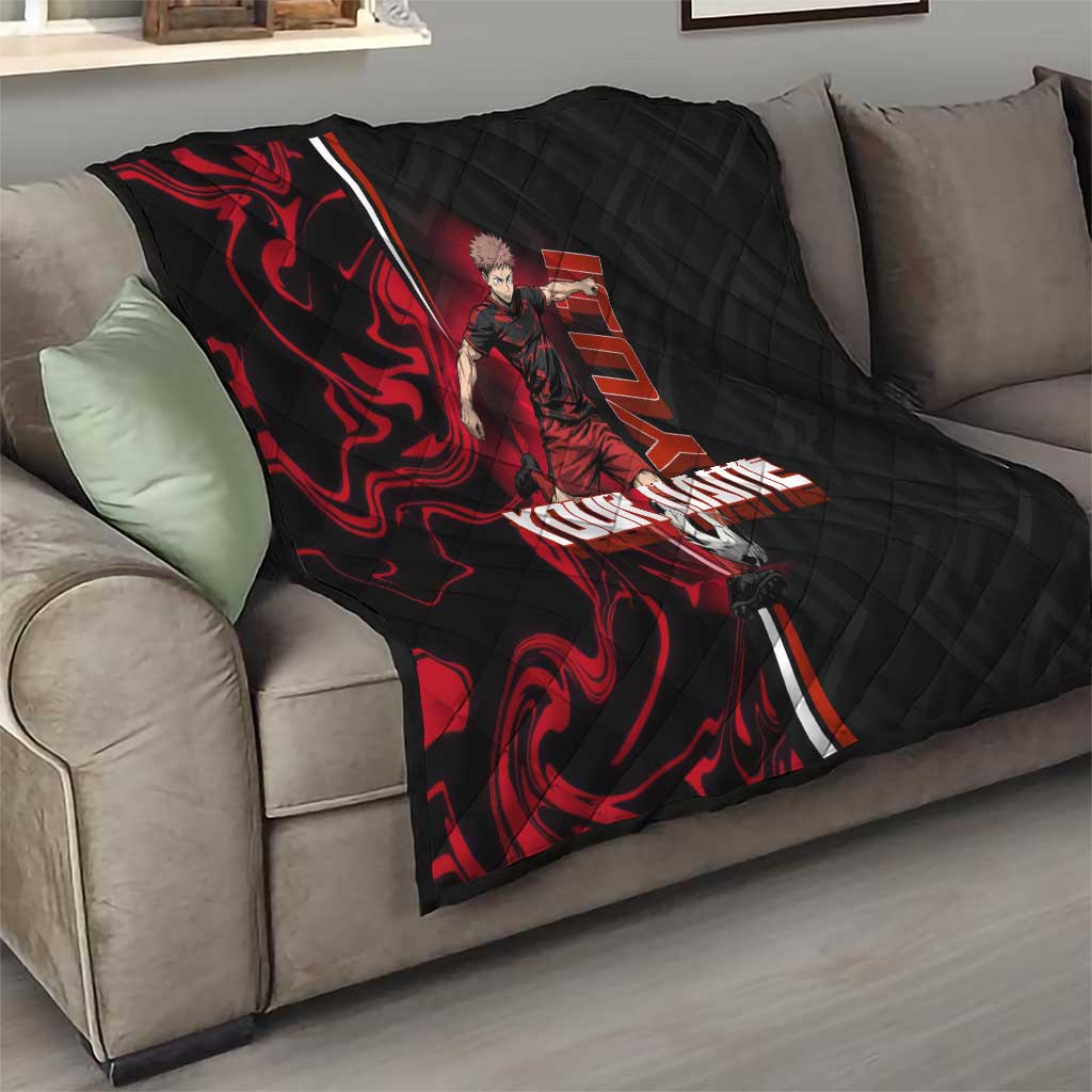 Personalized Yuji Itadori Jujutsu Kaisen Soccer Theme Quilt with Dynamic Kick Pose and Red Black Flame Graphic Design - The Mazicc