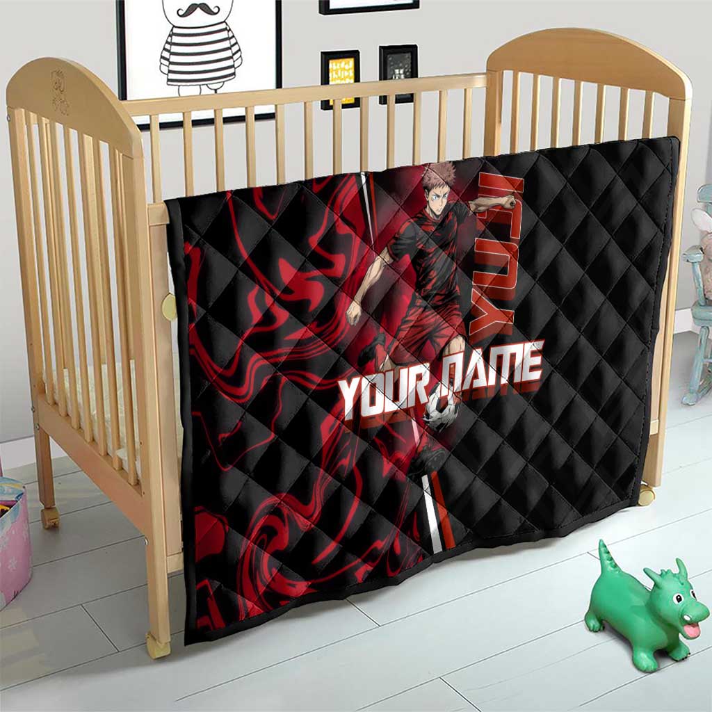 Personalized Yuji Itadori Jujutsu Kaisen Soccer Theme Quilt with Dynamic Kick Pose and Red Black Flame Graphic Design - The Mazicc