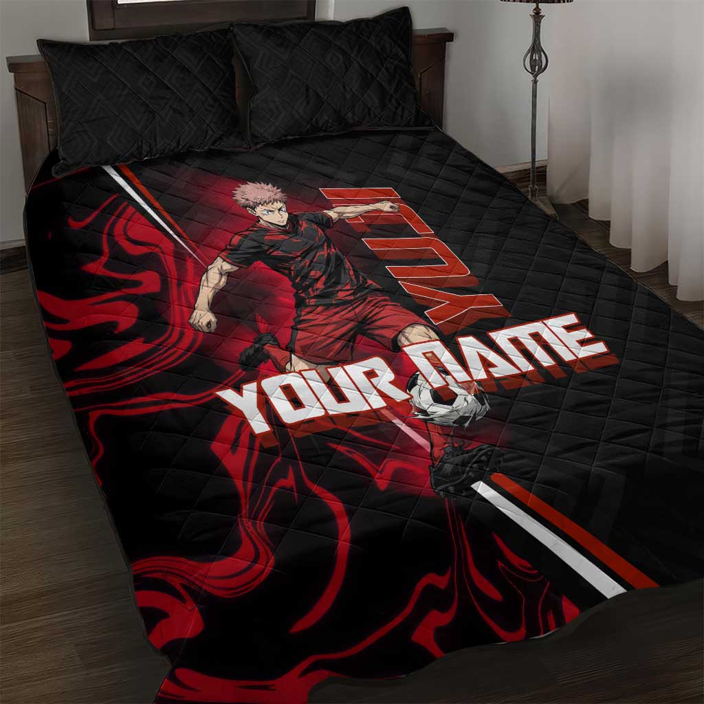 Personalized Yuji Itadori Jujutsu Kaisen Soccer Theme Quilt Bed Set with Dynamic Kick Pose and Red Black Flame Graphic Design - The Mazicc