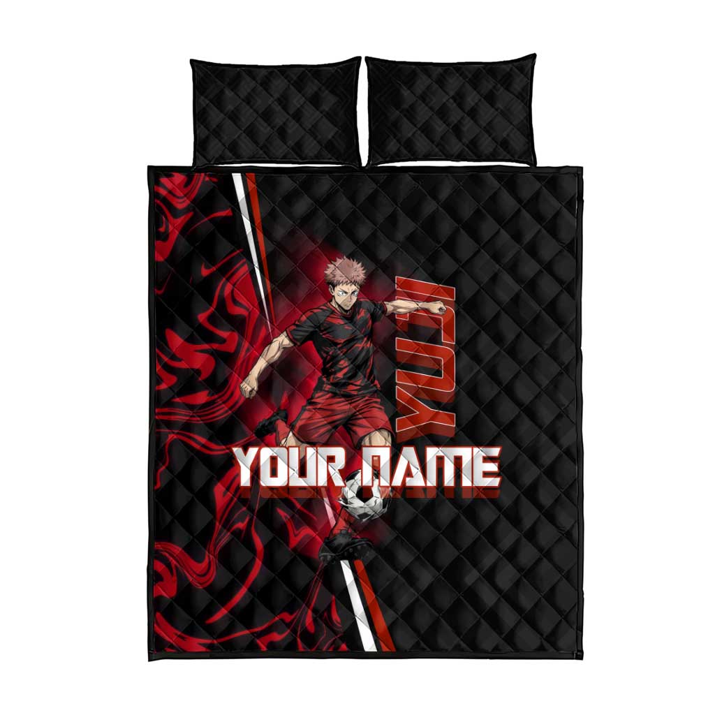 Personalized Yuji Itadori Jujutsu Kaisen Soccer Theme Quilt Bed Set with Dynamic Kick Pose and Red Black Flame Graphic Design - The Mazicc