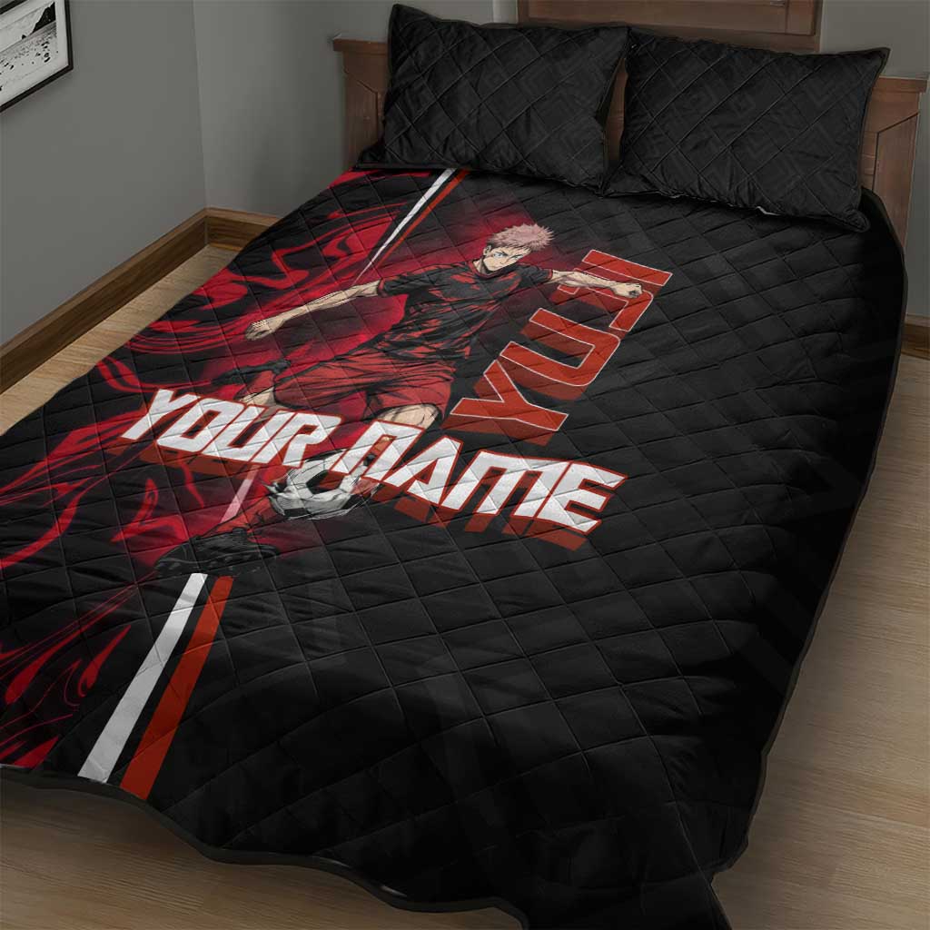 Personalized Yuji Itadori Jujutsu Kaisen Soccer Theme Quilt Bed Set with Dynamic Kick Pose and Red Black Flame Graphic Design - The Mazicc