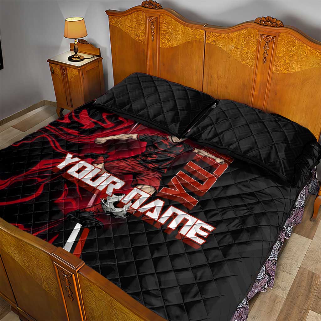 Personalized Yuji Itadori Jujutsu Kaisen Soccer Theme Quilt Bed Set with Dynamic Kick Pose and Red Black Flame Graphic Design - The Mazicc