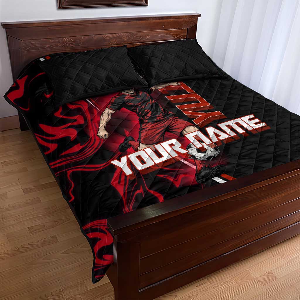 Personalized Yuji Itadori Jujutsu Kaisen Soccer Theme Quilt Bed Set with Dynamic Kick Pose and Red Black Flame Graphic Design - The Mazicc