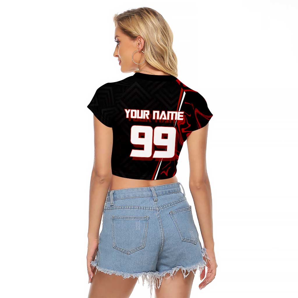 Personalized Yuji Itadori Jujutsu Kaisen Soccer Theme Raglan Cropped T Shirt with Dynamic Kick Pose and Red Black Flame Graphic Design - The Mazicc