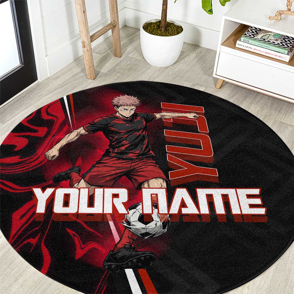 Personalized Yuji Itadori Jujutsu Kaisen Soccer Theme Round Carpet with Dynamic Kick Pose and Red Black Flame Graphic Design - The Mazicc
