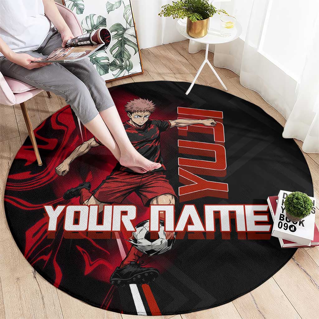 Personalized Yuji Itadori Jujutsu Kaisen Soccer Theme Round Carpet with Dynamic Kick Pose and Red Black Flame Graphic Design - The Mazicc