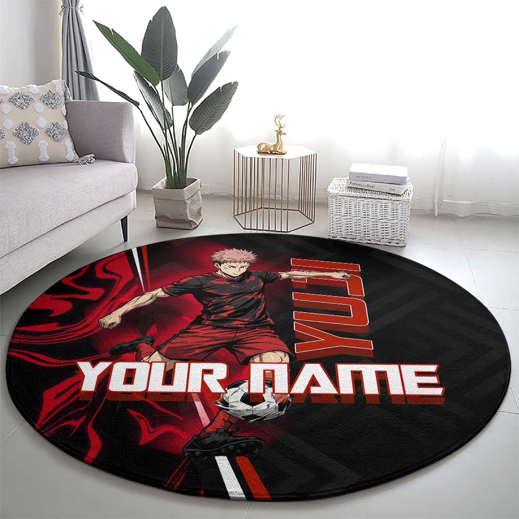Personalized Yuji Itadori Jujutsu Kaisen Soccer Theme Round Carpet with Dynamic Kick Pose and Red Black Flame Graphic Design - The Mazicc