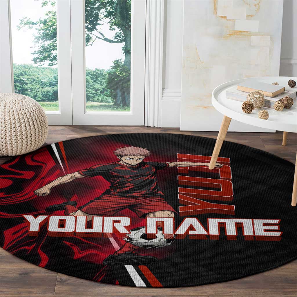 Personalized Yuji Itadori Jujutsu Kaisen Soccer Theme Round Carpet with Dynamic Kick Pose and Red Black Flame Graphic Design - The Mazicc