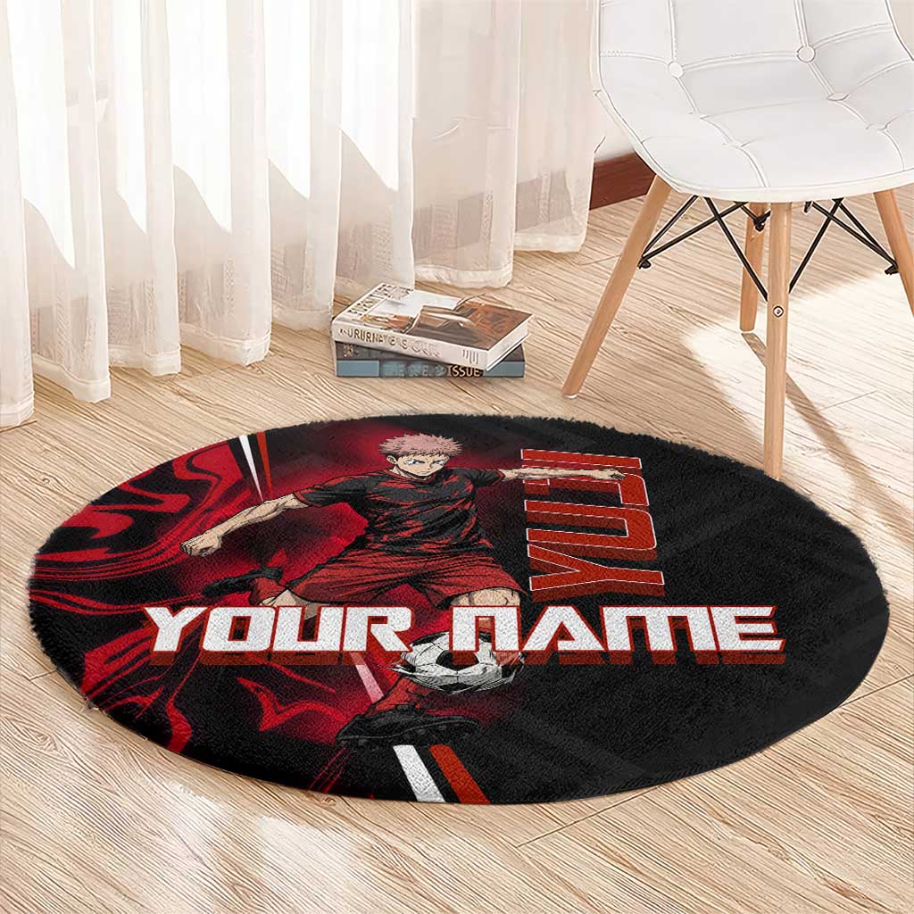 Personalized Yuji Itadori Jujutsu Kaisen Soccer Theme Round Carpet with Dynamic Kick Pose and Red Black Flame Graphic Design - The Mazicc
