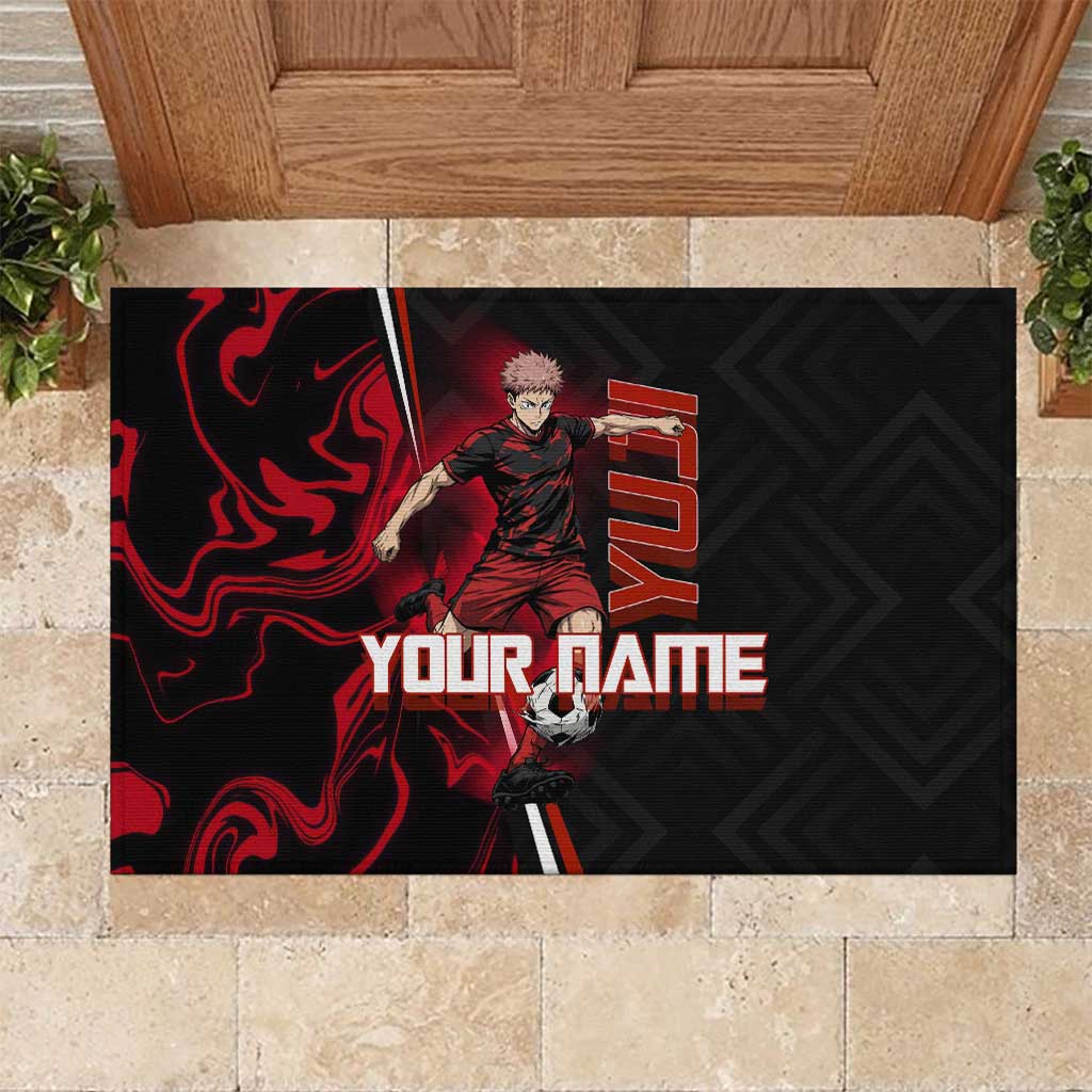 Personalized Yuji Itadori Jujutsu Kaisen Soccer Theme Rubber Doormat with Dynamic Kick Pose and Red Black Flame Graphic Design - The Mazicc