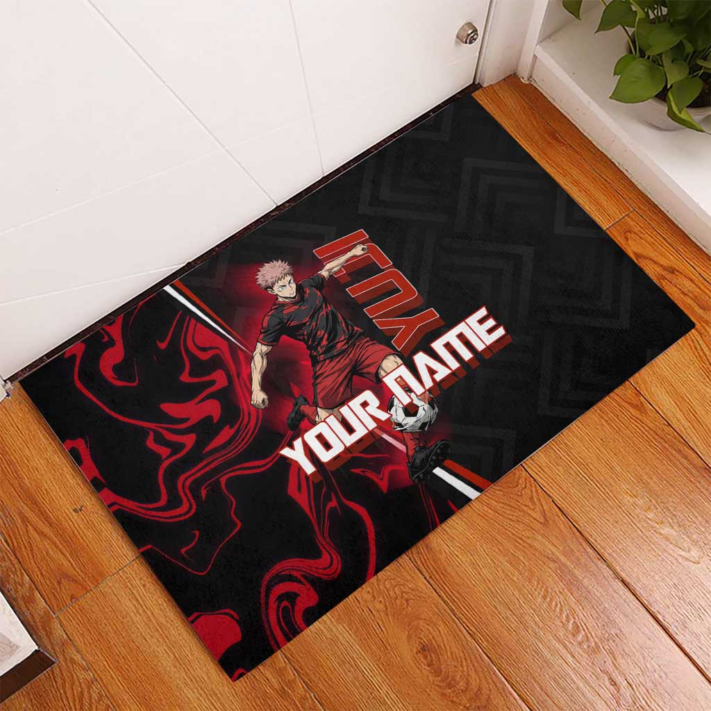 Personalized Yuji Itadori Jujutsu Kaisen Soccer Theme Rubber Doormat with Dynamic Kick Pose and Red Black Flame Graphic Design - The Mazicc