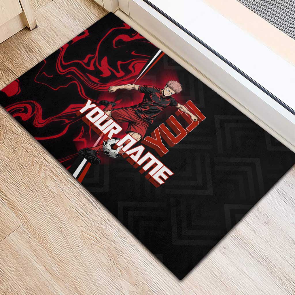 Personalized Yuji Itadori Jujutsu Kaisen Soccer Theme Rubber Doormat with Dynamic Kick Pose and Red Black Flame Graphic Design - The Mazicc