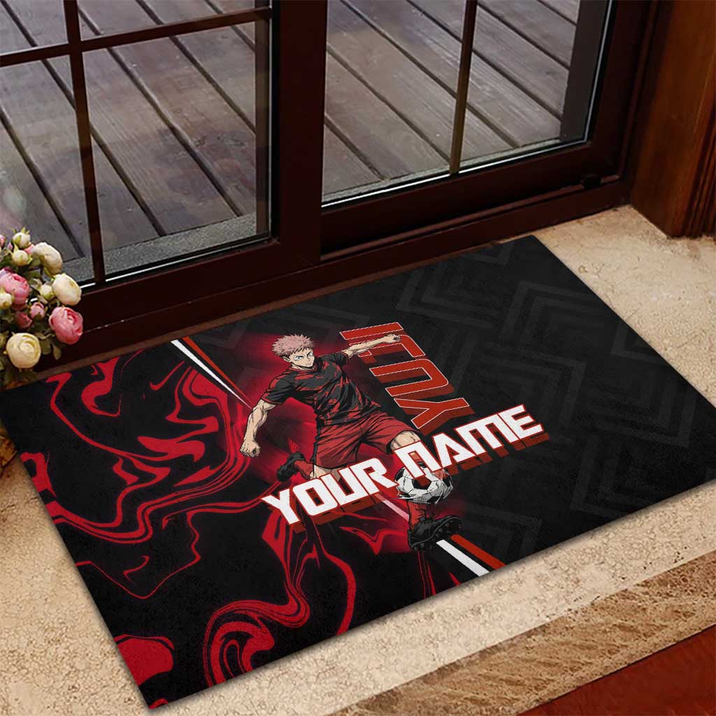 Personalized Yuji Itadori Jujutsu Kaisen Soccer Theme Rubber Doormat with Dynamic Kick Pose and Red Black Flame Graphic Design - The Mazicc