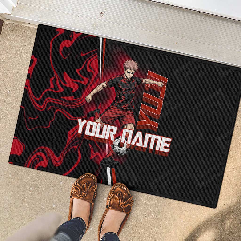 Personalized Yuji Itadori Jujutsu Kaisen Soccer Theme Rubber Doormat with Dynamic Kick Pose and Red Black Flame Graphic Design - The Mazicc