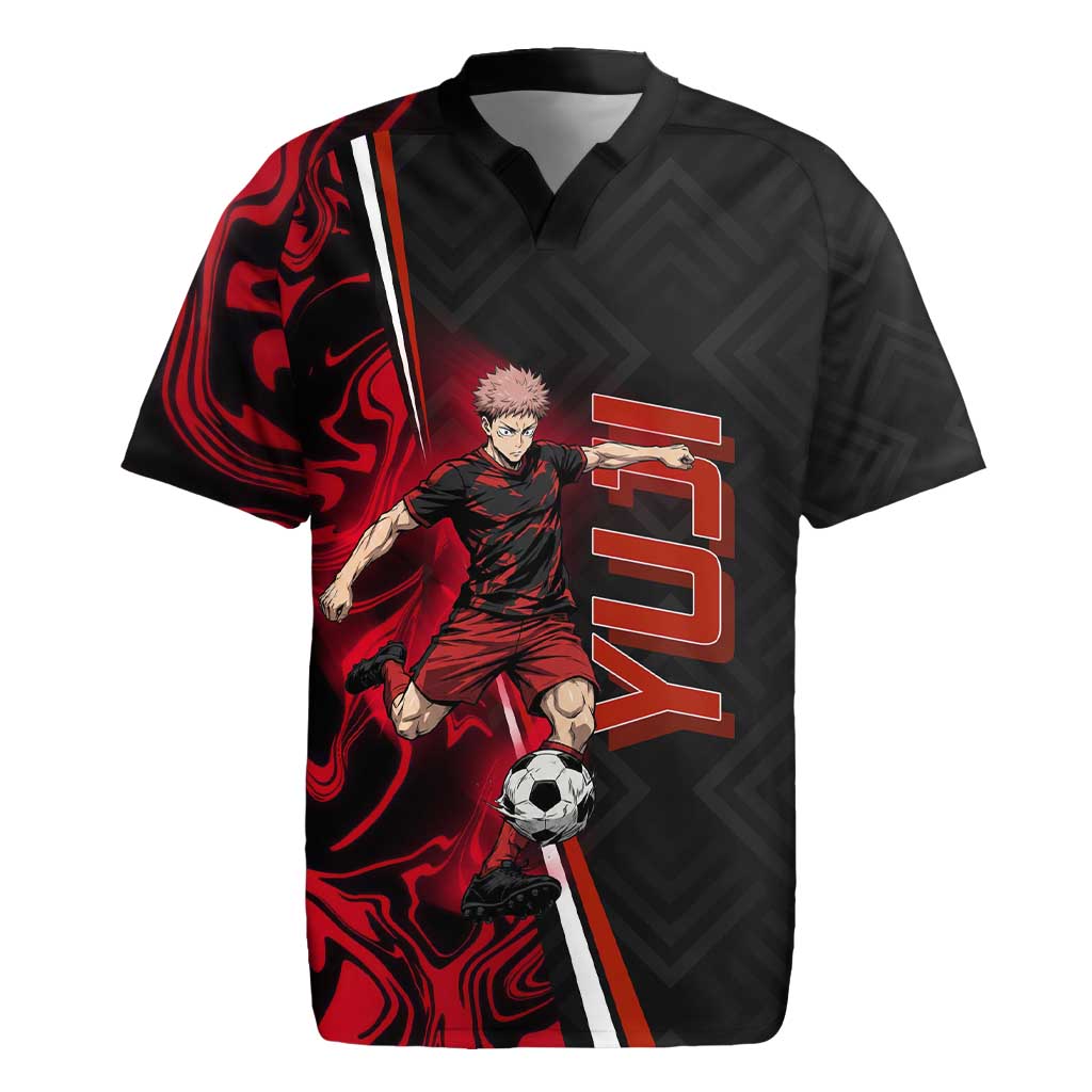 Personalized Yuji Itadori Jujutsu Kaisen Soccer Theme Rugby Jersey with Dynamic Kick Pose and Red Black Flame Graphic Design - The Mazicc