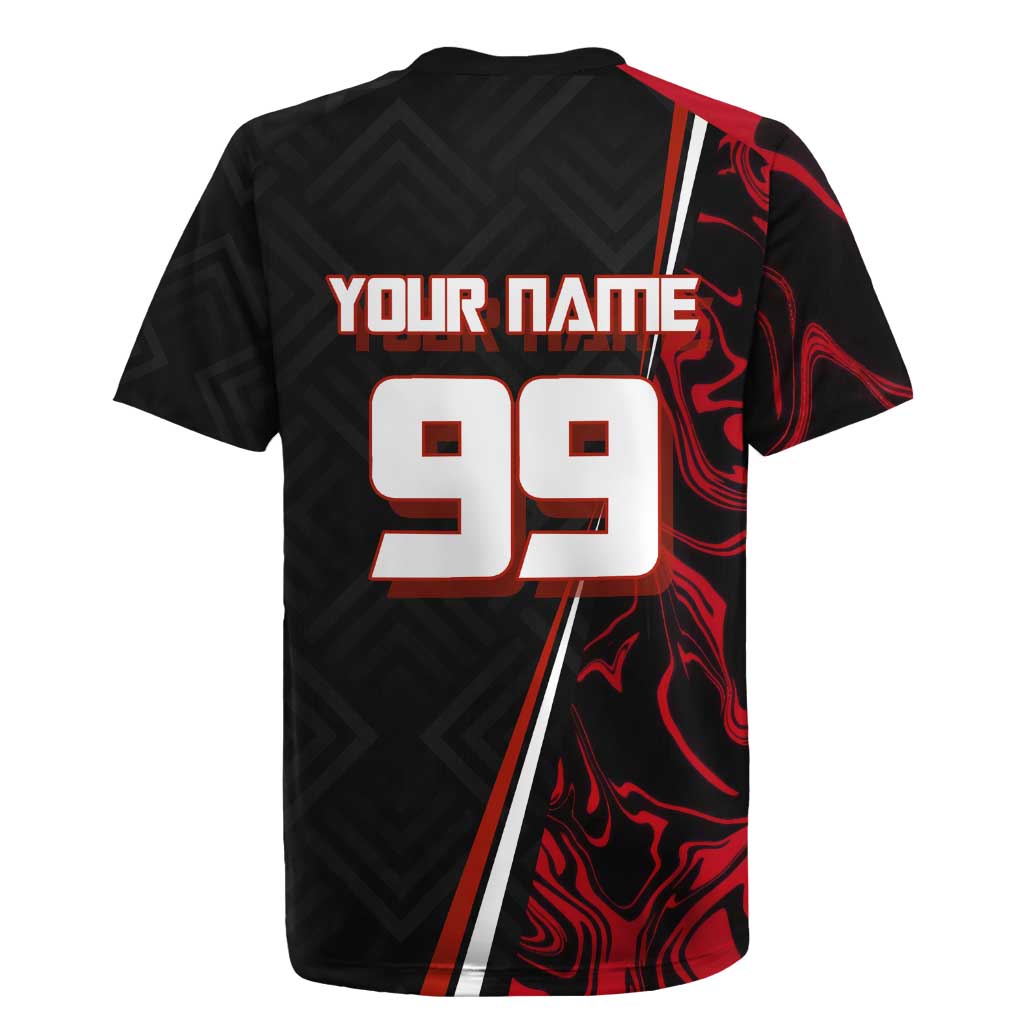 Personalized Yuji Itadori Jujutsu Kaisen Soccer Theme Rugby Jersey with Dynamic Kick Pose and Red Black Flame Graphic Design - The Mazicc