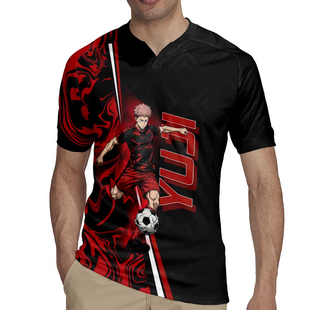 Personalized Yuji Itadori Jujutsu Kaisen Soccer Theme Rugby Jersey with Dynamic Kick Pose and Red Black Flame Graphic Design - The Mazicc