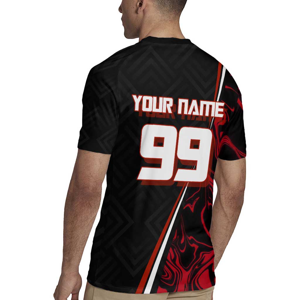 Personalized Yuji Itadori Jujutsu Kaisen Soccer Theme Rugby Jersey with Dynamic Kick Pose and Red Black Flame Graphic Design - The Mazicc