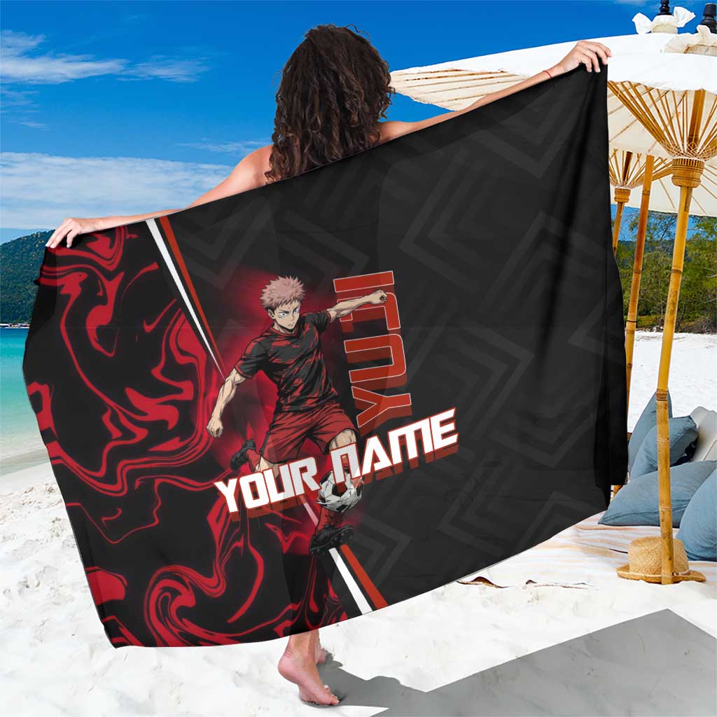 Personalized Yuji Itadori Jujutsu Kaisen Soccer Theme Sarong with Dynamic Kick Pose and Red Black Flame Graphic Design - The Mazicc