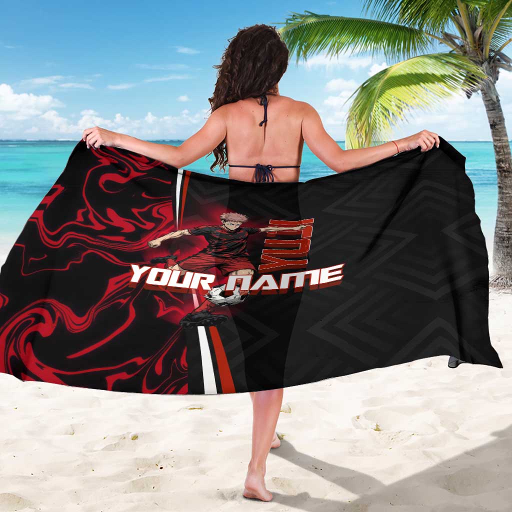 Personalized Yuji Itadori Jujutsu Kaisen Soccer Theme Sarong with Dynamic Kick Pose and Red Black Flame Graphic Design - The Mazicc
